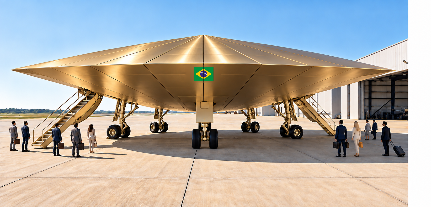 Representação conceitual da aeronave circular BACL®7G junto a um hangar